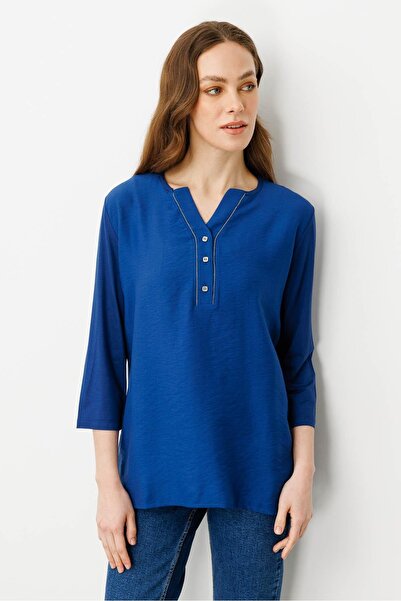 Desen Triko Γυναικεία μπλούζα με ανοιχτό γιακά με κουμπιά μπροστά Indigo