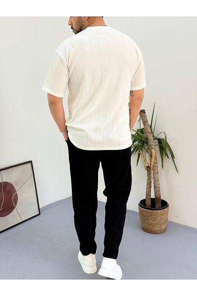 Combineman35 White Black Report Ottoman Fabric Single Pocket T-Shirt-Pants Set of 2 with Back Single Pocket