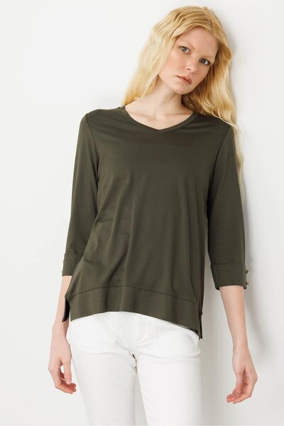 Desen Triko Women's V-Neck Combed Cotton Blouse Khaki