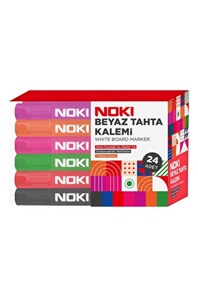 Noki 1664-P24 Yuvarlak Uçlu Beyaz Tahta Kalemi 24 Adet - Karışık Renk