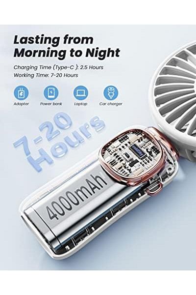 Generic Portable Handheld Fan 4000mAh | 3-in-1 Neck, Desk, Hand Fan | 5-Speed Folding Fan with LED White
