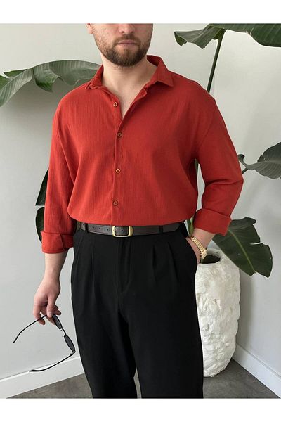 A&O Style Men's Tile Oversize Summer Long Sleeve Linen Shirt