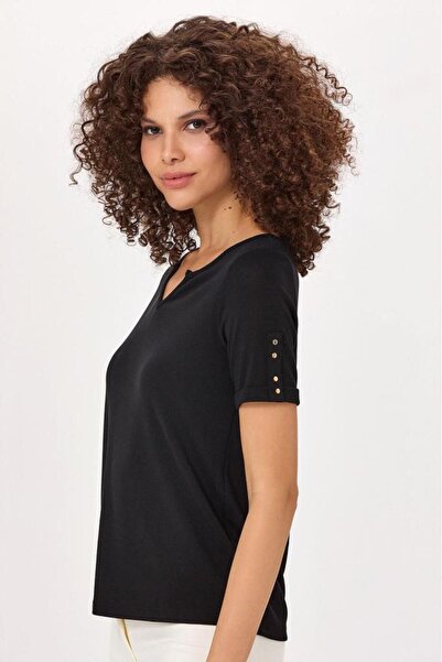 İKİLER Round Neck Mini Placket Short Sleeve Blouse 025-1009