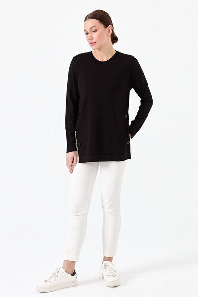 Desen Triko Bluză de tricot cu nasturi laterale pentru damă, neagră