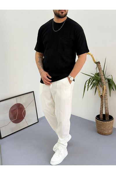 Combineman35 Black and White Report Ottoman Fabric Single Pocket T-Shirt-Pants Set of 2 with Back Single Pocket