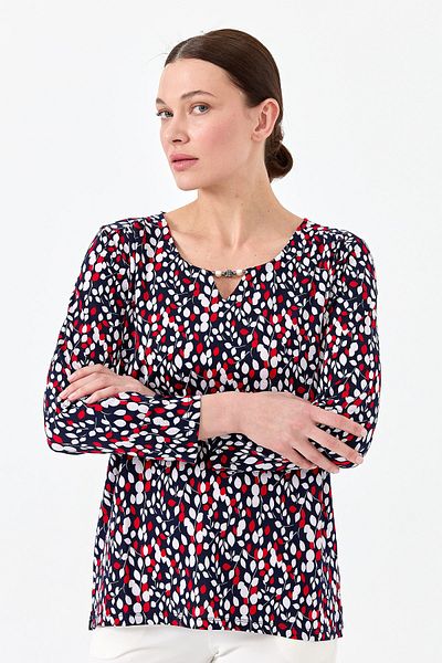 Desen Triko Bluză de damă din bumbac pieptănat cu model de frunze, albastru bleumarin