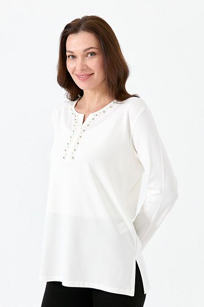Desen Triko Women's Collar Plaid Beaded Embroidered Combed Cotton Blouse Ecru