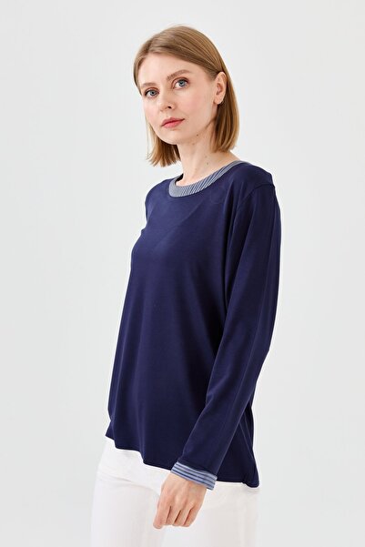 Desen Triko Kadın Sıfır Yaka Zincir Bantlı Penye Bluz Lacivert