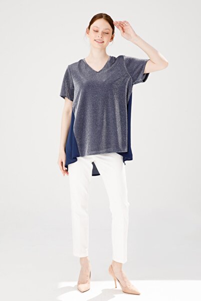 Desen Triko Women's V-Neck Short Sleeve Chiffon Shiny Fabric Tunic Navy Blue