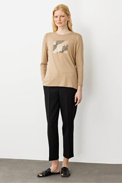 Desen Triko Γυναικεία μπλούζα με λαιμόκοψη με πέτρα μπροστά με στάμπα βιζόν