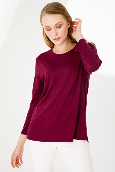 Desen Triko Women's Crew Neck Long Sleeve Skirt White Combed Cotton Tunic Plum