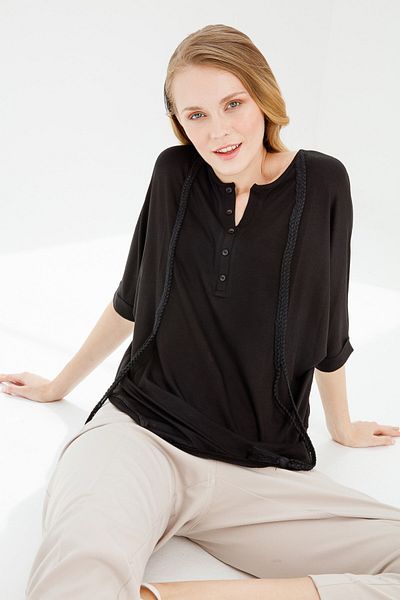 Desen Triko Women's Magnetic Collar Bat Sleeve Tasseled Combed Cotton Tunic Black