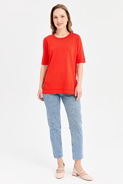 Desen Triko Women's Zero Neck Side Button Thin Knitwear Blouse Coral