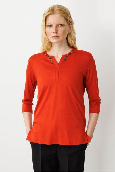 Desen Triko Kadın Açma Yaka Nakış İşlemeli Penye Bluz Oranj
