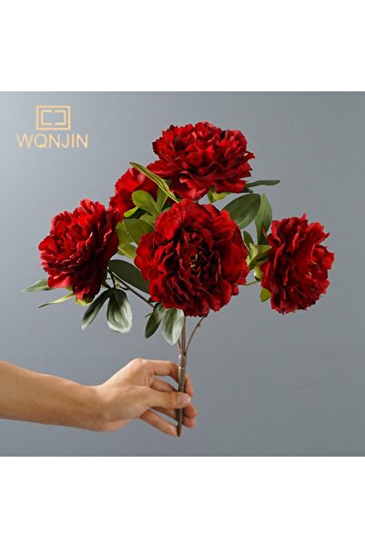 Choice باقة زهور الفاوانيا الاصطناعية من الحرير الأحمر 01، 5 رؤوس كبيرة، زينة لحفلات الزفاف والمنزل، طاولة كبيرة