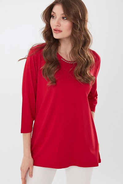 Desen Triko Women's Embroidered Collar Three Quarter Sleeve Combed Cotton Blouse Red