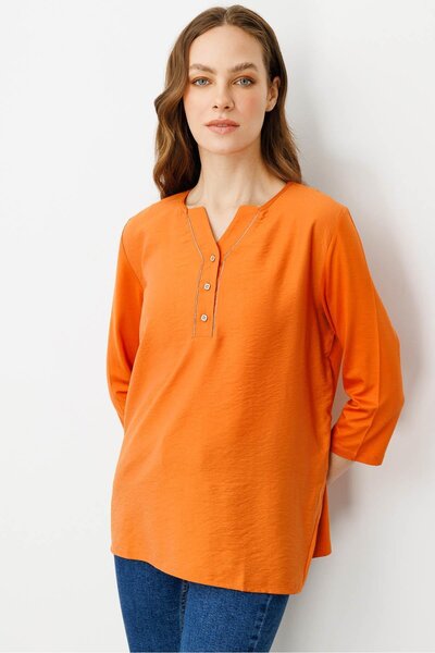 Desen Triko Жіноча блуза з відкритим коміром і ґудзиками спереду, помаранчева
