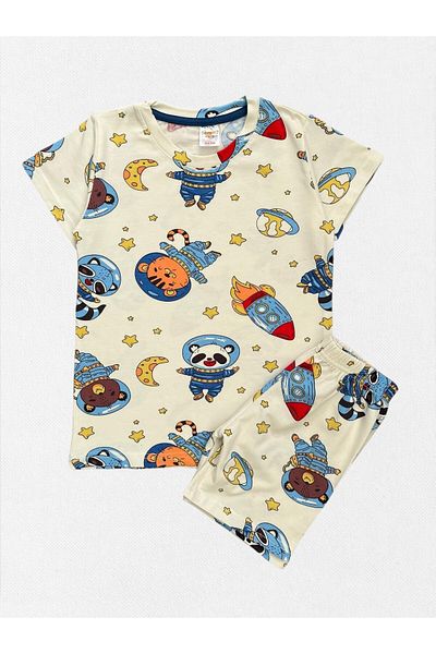elmas kids Boy's 100% Cotton Ecru Astronaut Space Rocket Pattern Night Themed Short Sleeve Shorts Pajama Set