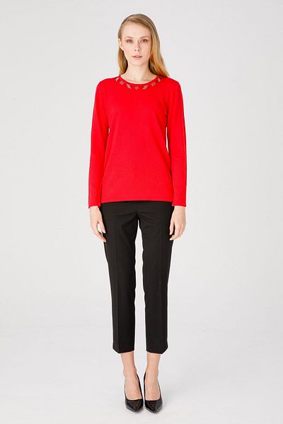 Desen Triko Women's Crew Neck Long Sleeve Stoned Knitwear Blouse Red