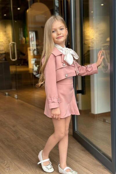 Riccotarz Girl's Collar Tie and Gold Stripe Detailed Shirt Blazer Jacket Pleated Pink Skirt Suit