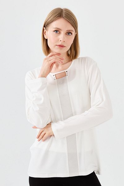 Desen Triko Women's Crew Neck Front Window Combed Cotton Blouse Bone