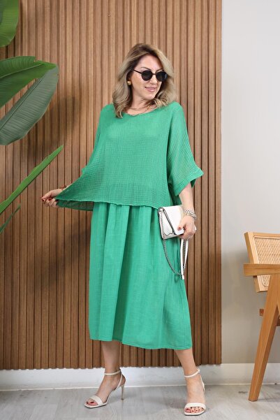 MİSLİNA BUTİK İthal File Detay Açık Yeşil Keten Elbise