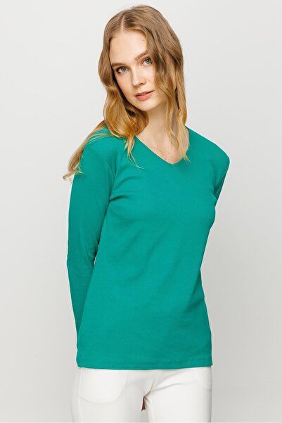 Desen Triko Γυναικεία βαμβακερή βαμβακερή μπλούζα με λαιμόκοψη με λαιμόκοψη V