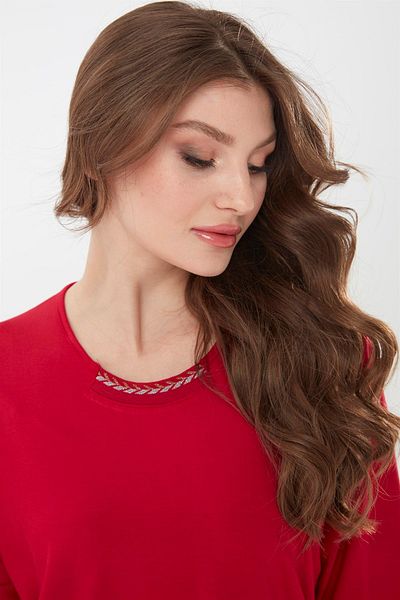 Desen Triko Women's Embroidered Collar Three Quarter Sleeve Combed Cotton Blouse Red