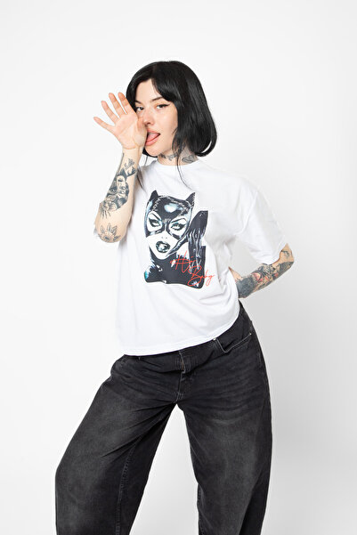 Bak Moda Ženska mačka Štampano opuštenog kroja, bela ženska majica