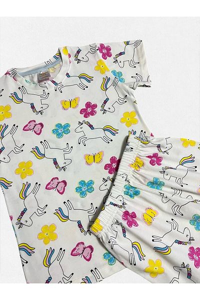 elmas kids Set de pijamale cu mânecă scurtă pentru fete, 100% bumbac, cu flori de unicorn alb, cu model de fluturi