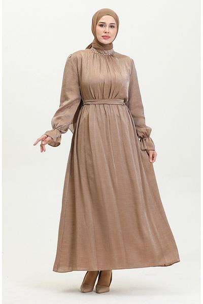 sefamerve Λινό Φόρεμα Tan - Glitter and Sashed 81853-02