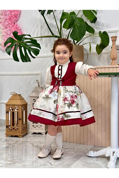 Hly Karol Tasarım Cream Burgundy Vintage Baby Girl Dress, Birthday, Photo Shoot Dress, Suitable for 0-10 Years Old