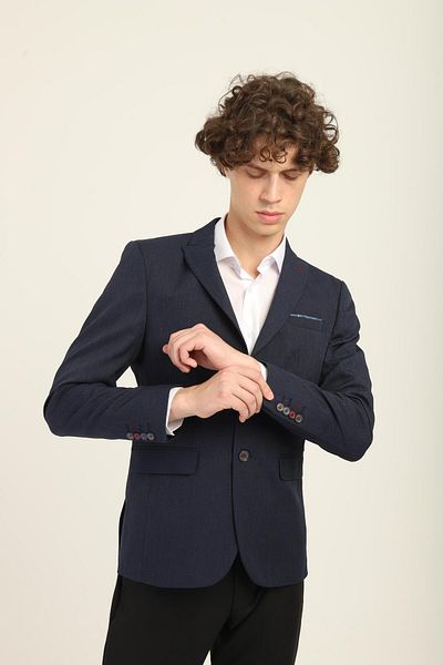 AGUSTİNİ Navy Blue Color Self-Wiping Pointed Collar Two Buttons Double Slit Blazer Single Jacket Slim Fit |   August