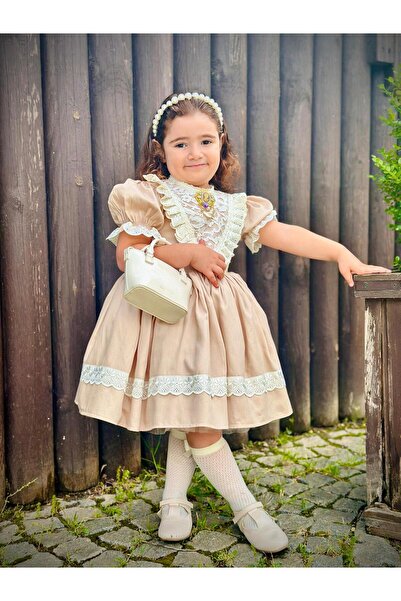 Hly Karol Tasarım Kapiçino Dantelli Vintage Kız Bebek Elbisesi,Doğum günü,fot...