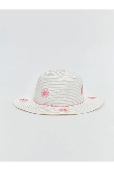 LC Waikiki ACCESORII LCW Pălărie de paie pentru fetiță cu broderie de flori albe