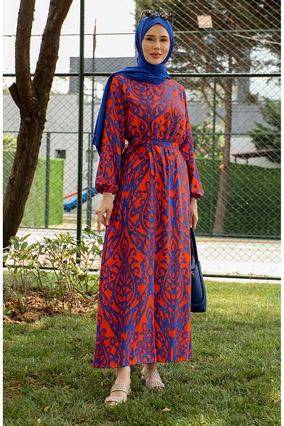 sefamerve Πορτοκαλί Navy Blue Viscose φόρεμα - με μοτίβο και φύλλο 0439-04