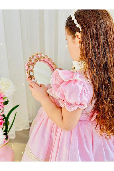 Hly Karol Tasarım Pink Cream Vintage Baby Girl Dress, Birthday, Photo Shoot Dress, Suitable for 0-12 Years Old
