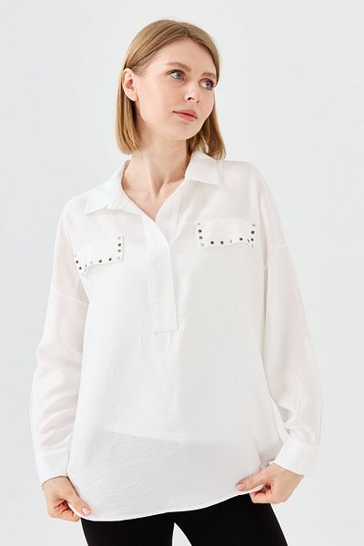 Desen Triko Women's Polo Neck Pocket Blouse Ecru