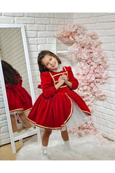 Hly Karol Tasarım Kırmızı Kadife Ekose Kız Bebek Elbisesi, Özel Dikim Kız Çocuk Elbisesi, Doğum Günü Elbisesi, Fotoğra