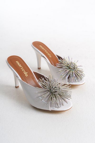 MARSEDO Julie Women's Thin Heel Stone Bow Evening Dress Slippers White