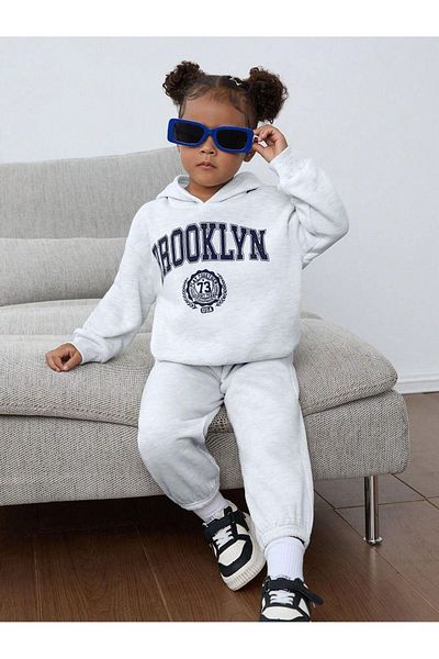 DUBU BUTİK Brooklyn 73 Printed Cotton Children's Hooded Suit Gray - Girls Boys