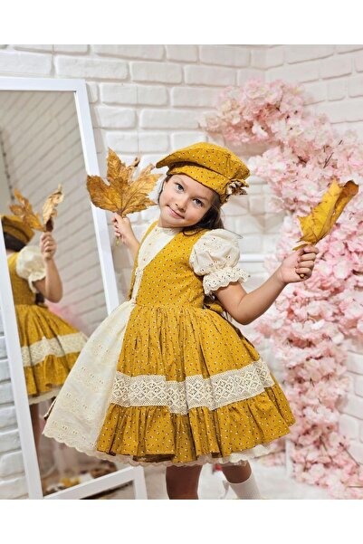 Hly Karol Tasarım Hardal Vintage Kız Bebek Elbisesi,Doğum günü elbise,fotoğraf çekim elbise,0-12 Yaş Uygun