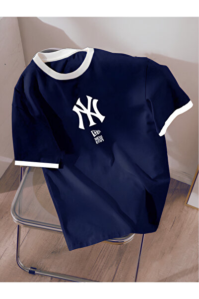 Revasser Unisex Erkek/Kadın Lacivert NY Nevera Beyaz Yaka Özel Baskılı Oversize Pamuklu T-Shirt Tişört