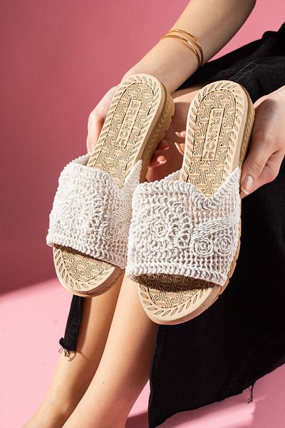 FUGA MODA Tongo White Single Striped Knitwear Knitted Slippers