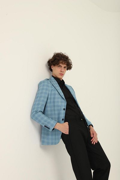AGUSTİNİ Turquoise Color Checkered Pattern, Two Button Double Slit Pointed Collar Slim Fit Single Jacket |   Agustini