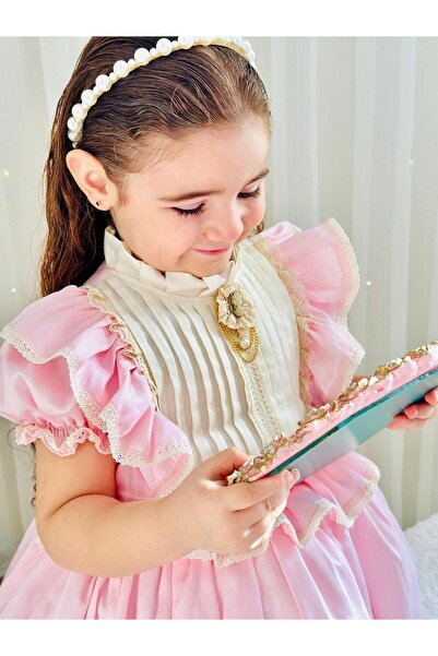 Hly Karol Tasarım Pink Cream Vintage Baby Girl Dress, Birthday, Photo Shoot Dress, Suitable for 0-12 Years Old