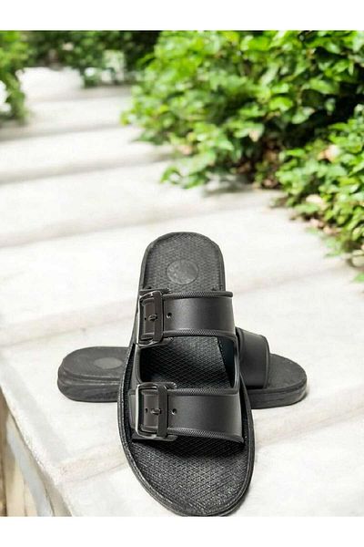gigigiyim Double Buckle Detailed Men's Slippers Black