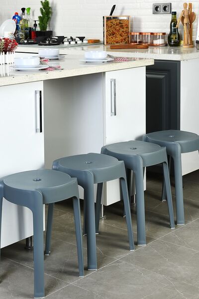 İronika Kaymaz Ayaklı Dekoratif İç İçe Geçebilen Plastik Tabure Mutfak Bahçe Taburesi 4 Adet Antrasi