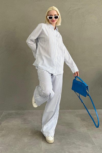 Madmext White Striped Shirt Pants Women's Suit Mg2457