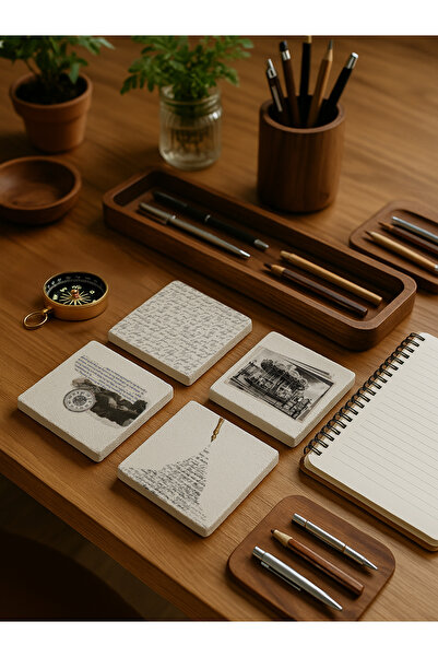arslart Vintage Yazı ve Retro Desenli Doğal Taş Bardak Altlığı 4’lü Set, Retr...